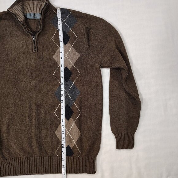 Oscar De La Renta Argyle Sweater Mens Sz Large 1/4 Zip Mock Neck Pullover Brown - Picture 9 of 15